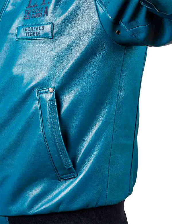 Left pocket of a lagoon blue men's leather jacket.