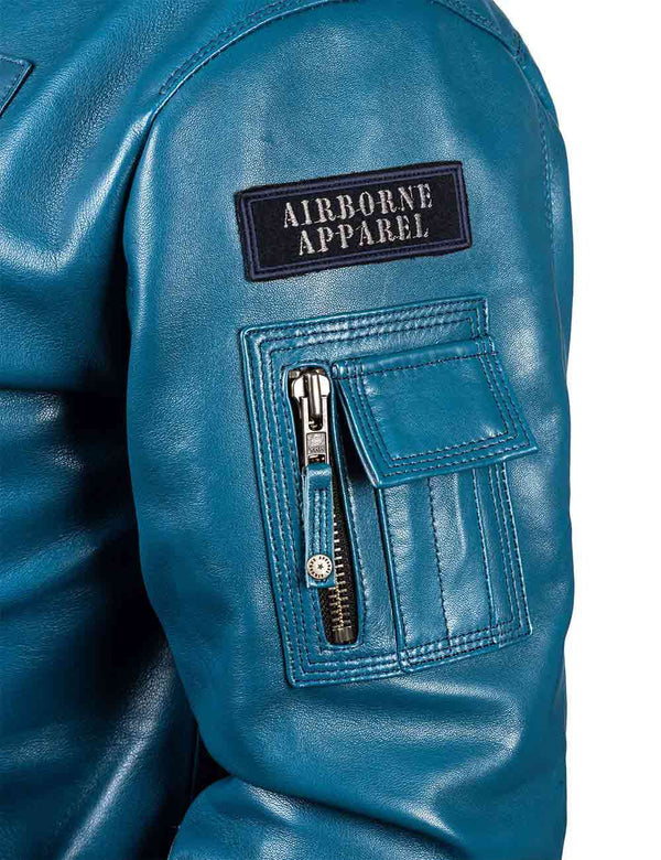 A utility pocket on the left sleeve of a men's lagoon blue leather jacket.