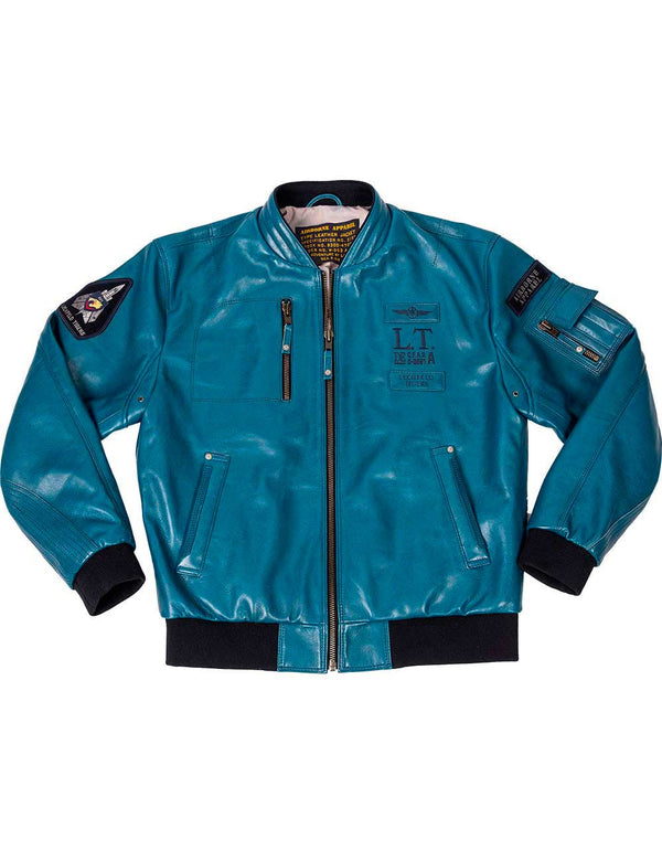 Men's leather jacket in lagoon blue with elastic waistband.