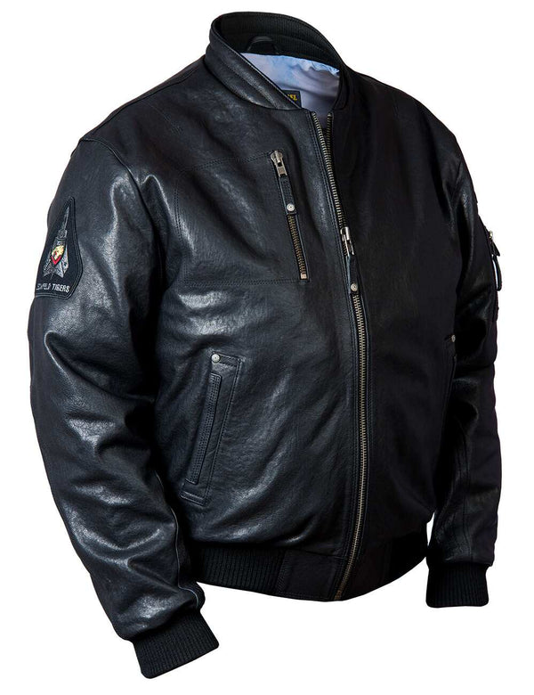 Men's black leather jacket.
