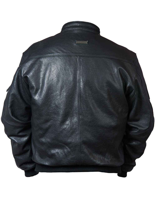Back of black leather jacket.