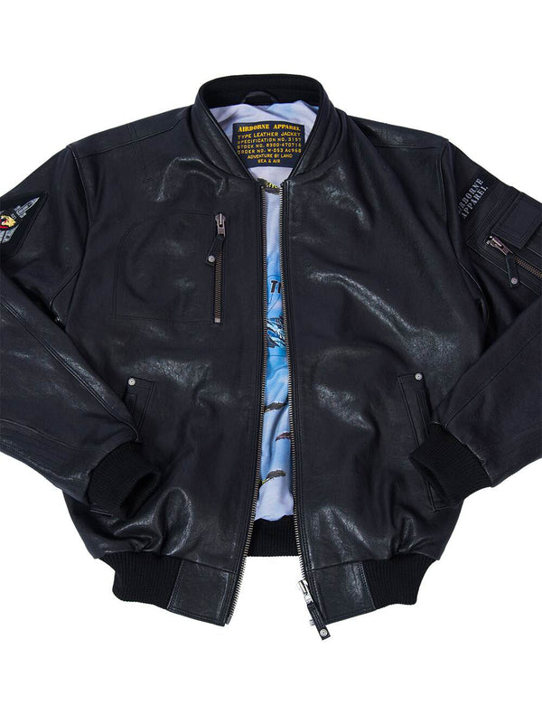 Men's black leather jacket.