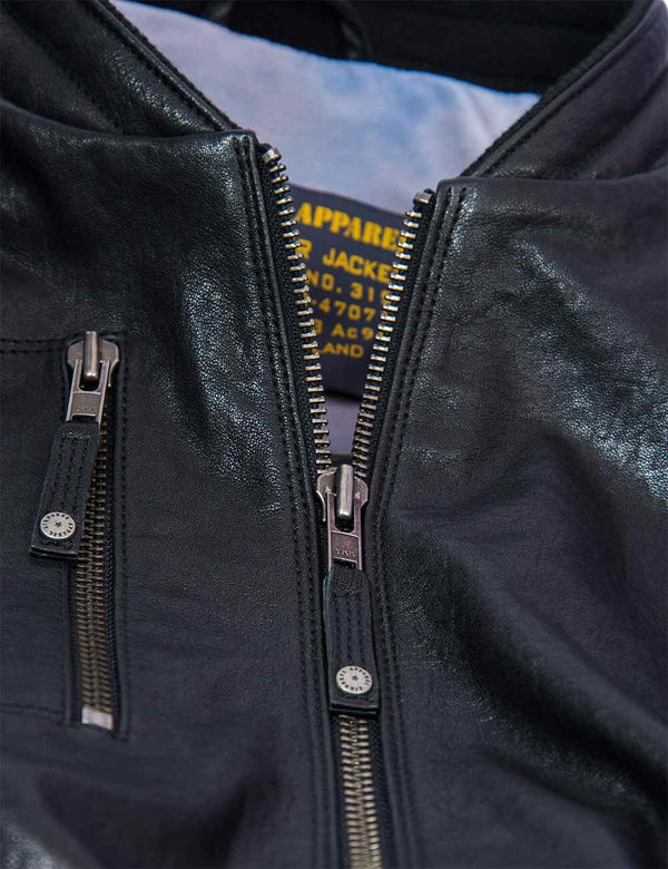 Metal zipper on leather jacket.