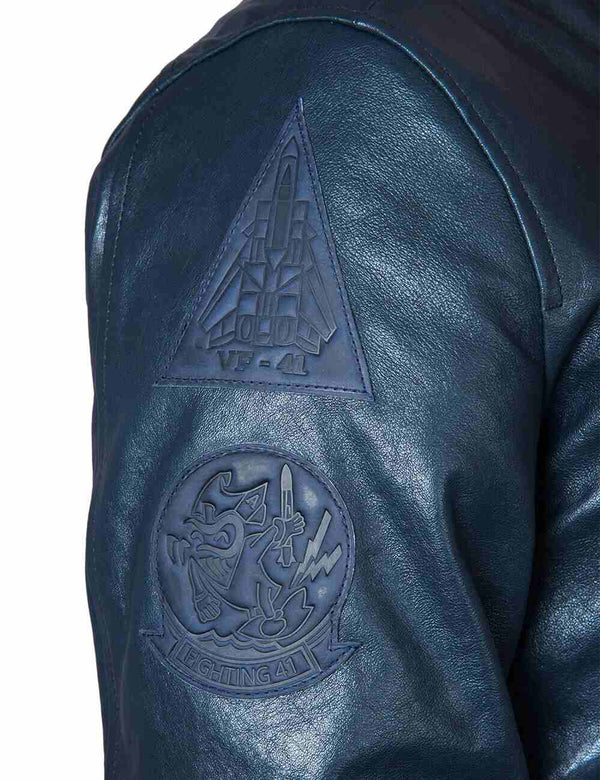Patches on the right sleeve of a dark blue men's leather jacket.