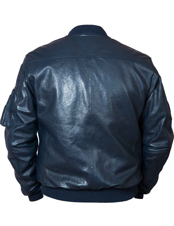 Men's dark blue leather jacket with an elastic waistband, back view.