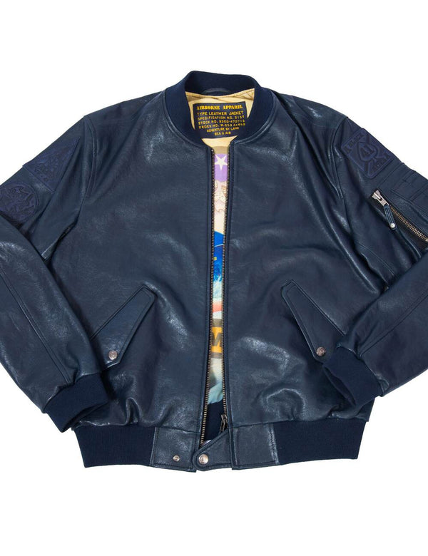 Men's leather jacket with elastic band in navy blue color, unzipped.
