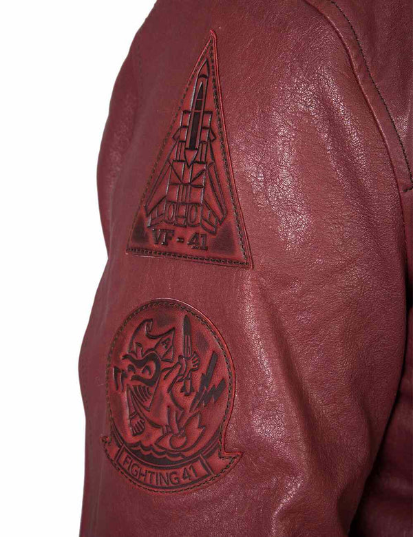 Patches on the right sleeve of a men's bordo leather jacket.