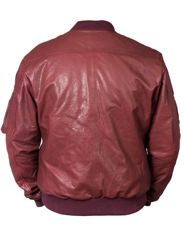 Men's bordo leather jacket with elastic waistband, back view.