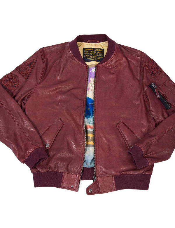 Men's leather jacket with elastic band in bordo color, unzipped.