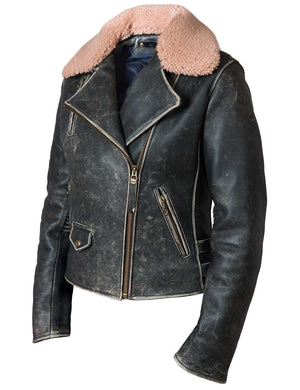 Black women's leather biker jacket.
