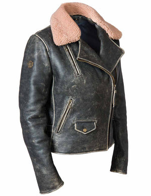 Black women's leather biker jacket.