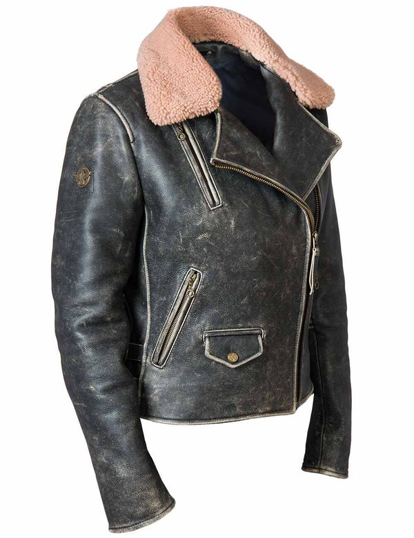 Black women's leather biker jacket.