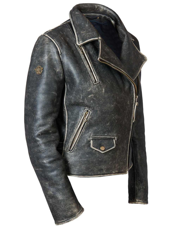Black women's leather biker jacket.