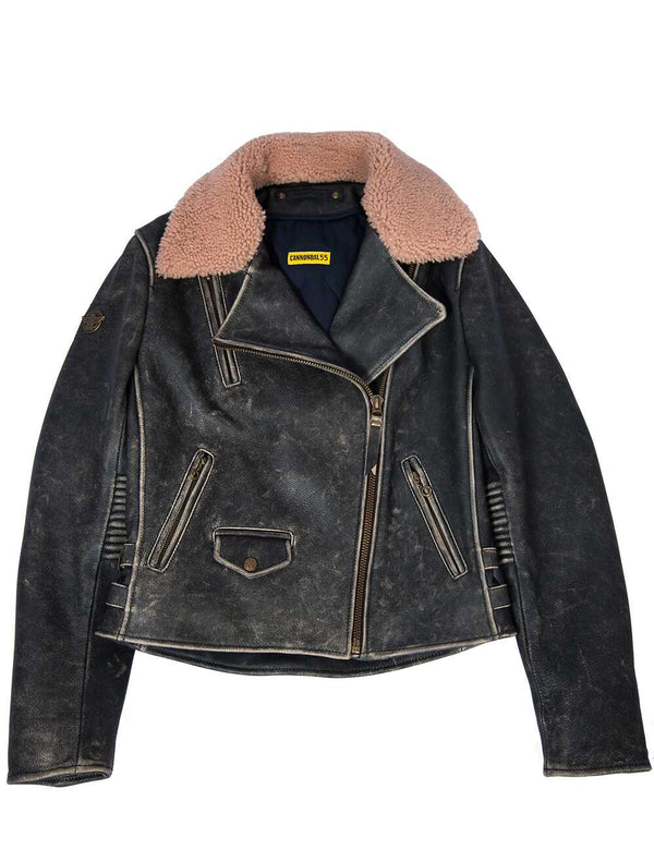 Women's black leather biker jacket with bleached seams and a beige fur collar.