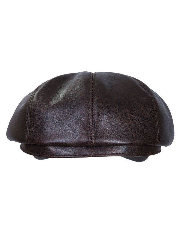 Men's brown leather cap, back view.