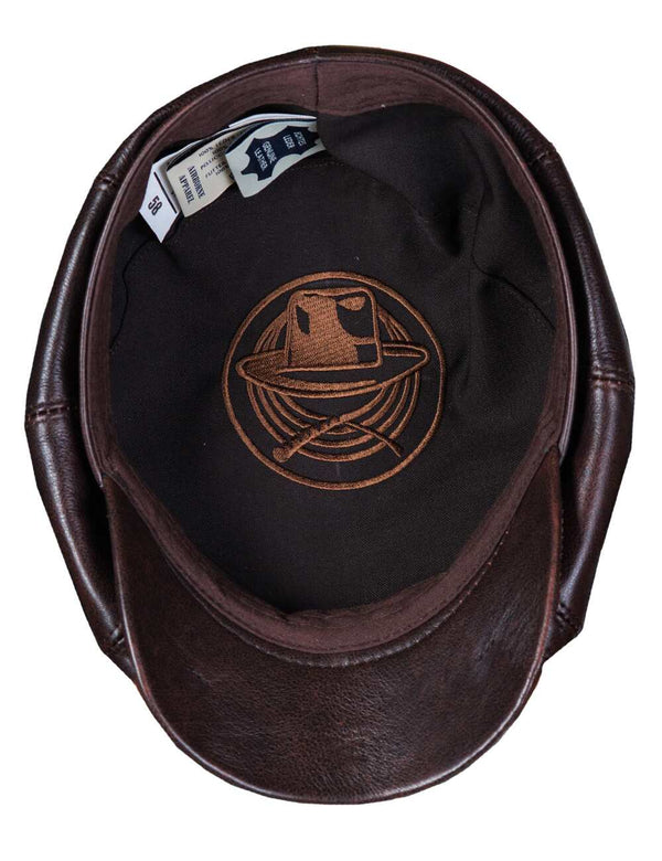 Brown men's leather cap, inside view.
