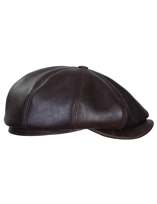 Men's brown leather cap, side view.