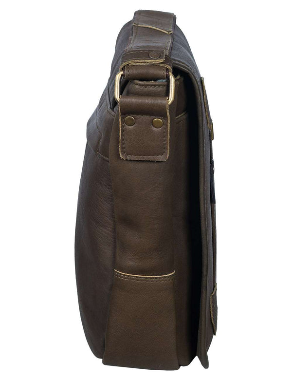 Men's olive leather bag, side view.