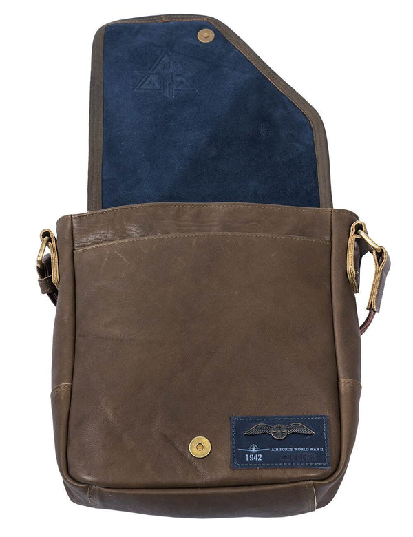 Men's olive leather bag, open.