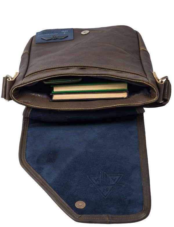 Men's olive leather bag, open.
