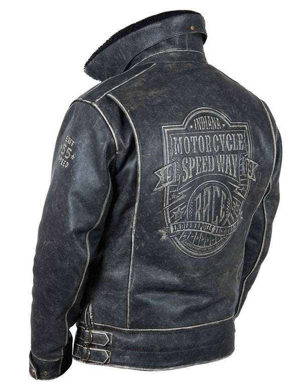Black men's leather jacket with embossed back and fur collar.