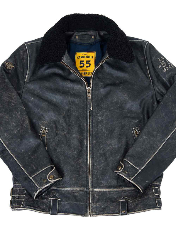 Men's black patina leather jacket with fur collar, front view.