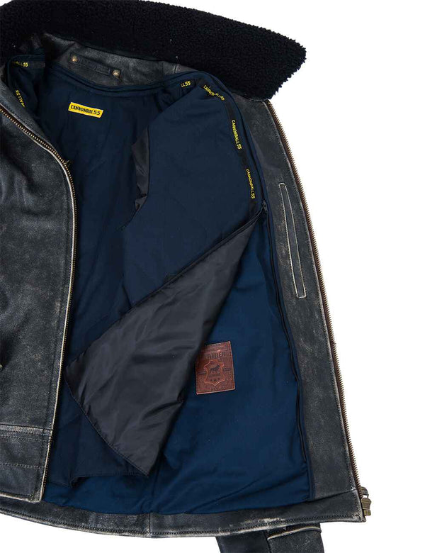 Slightly detached lining of a black men's leather jacket with a fur collar.