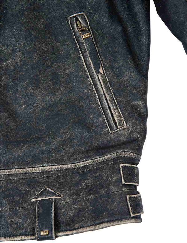 Lower slanted pocket of a men's black jacket with light seams.