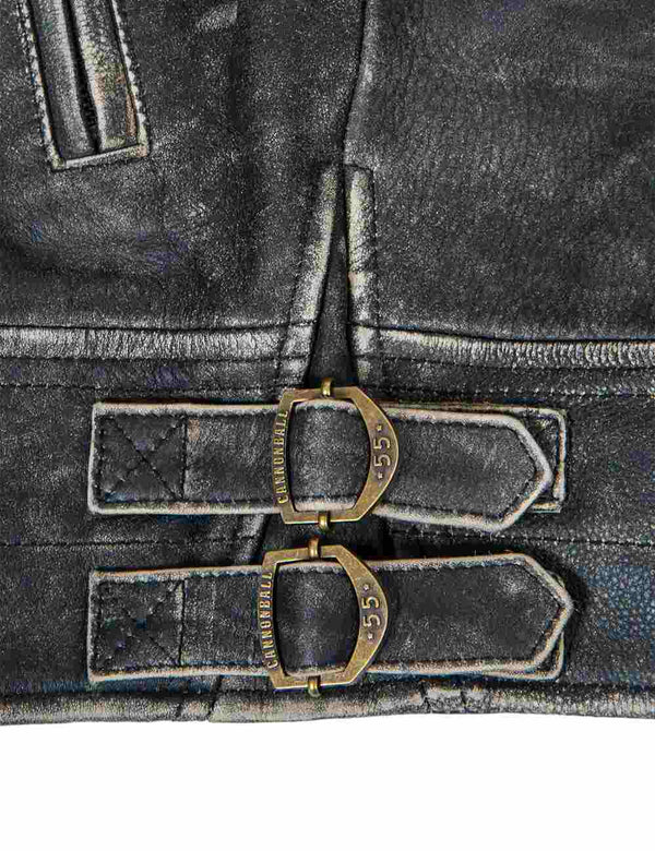 Side straps of men's brown leather jacket.