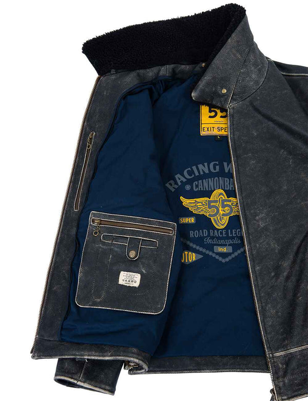 Inside pocket and lining of black men's leather jacket with fur collar.