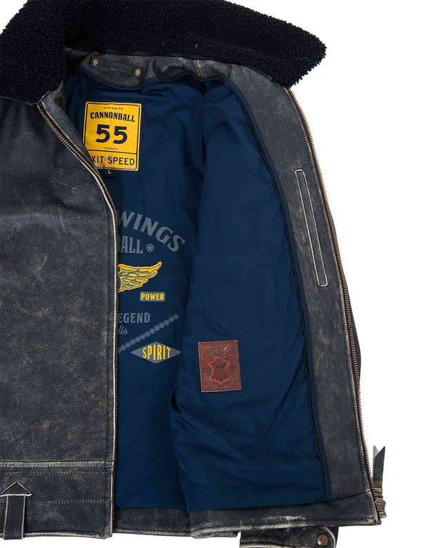 Men's black jacket with a fur collar and light seams, unbuttoned, revealing a dark blue lining and an inside pocket.