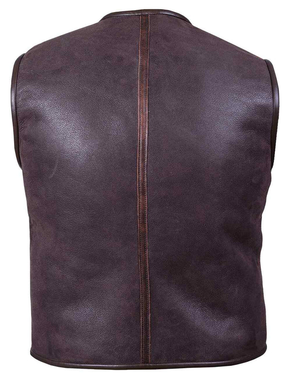 Back of men's brown sheepskin vest.