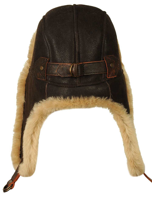 Men's brown sheepskin ushanka hat, back view.