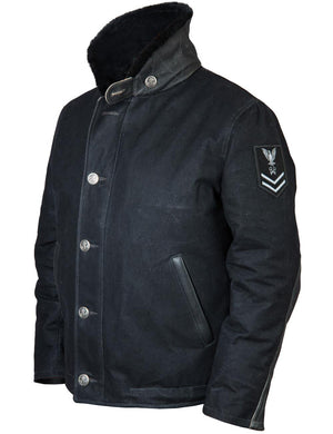 Men's black pea coat.