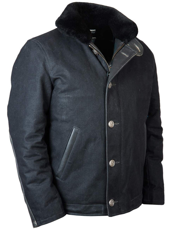Men's black pea coat.