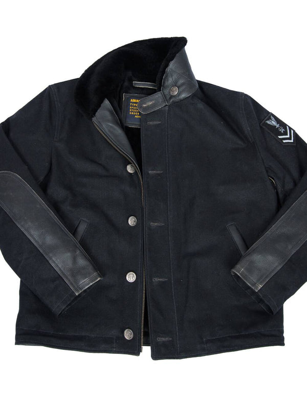 Men's black pea coat.