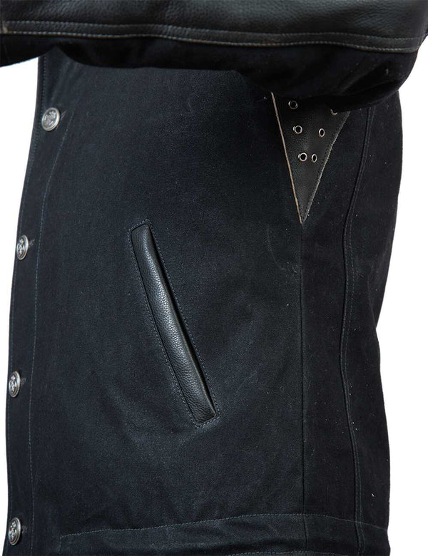 Side view of men's black pea coat.