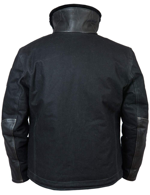 Back of a men's black pea coat.