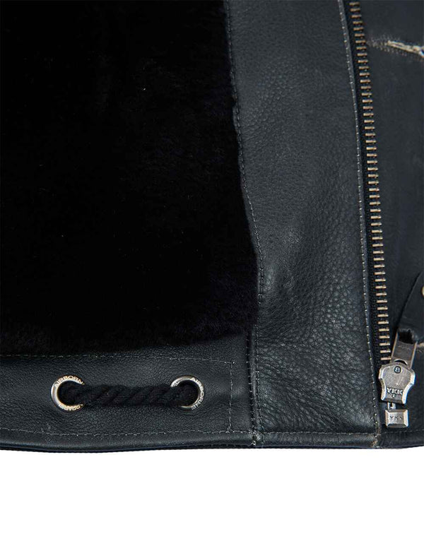 Metal zipper of men's black pea coat.