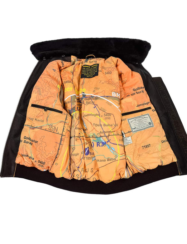 Men's brown leather jacket unbuttoned with a fur collar, revealing a bright lining and inside pockets.