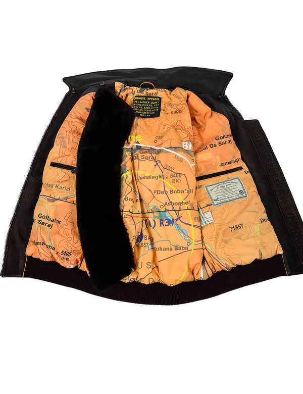 Men's brown leather jacket, unbuttoned, with a collar unbuttoned, revealing a bright lining and interior pockets.