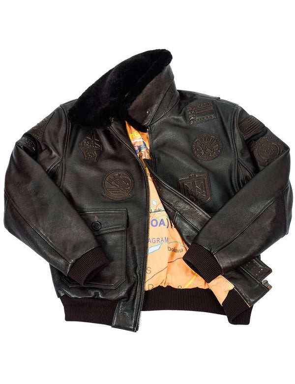 Men's brown leather jacket with the patches and a fur collar, unbuttoned.
