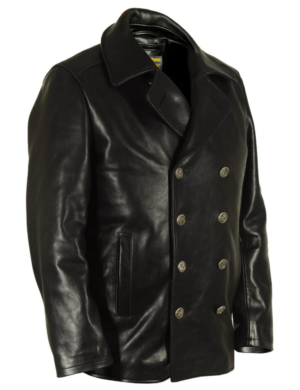 Men's black leather pea coat.