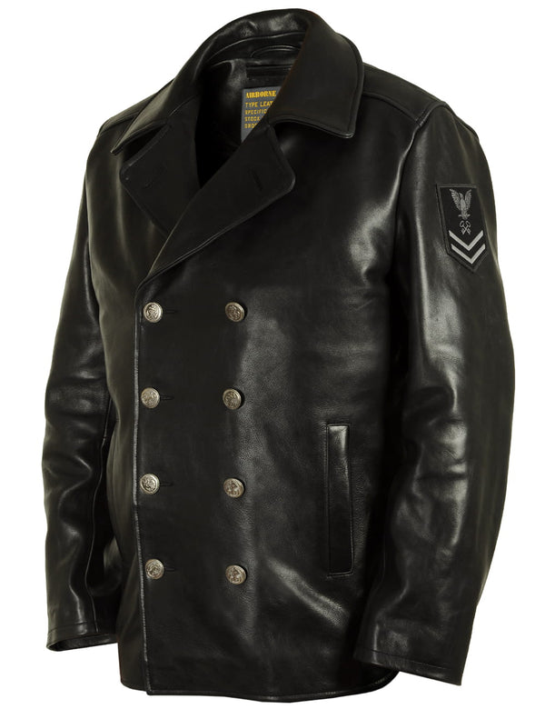 Men's black leather pea coat.