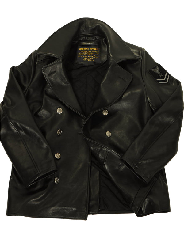 Men's black leather pea coat unbuttoned.