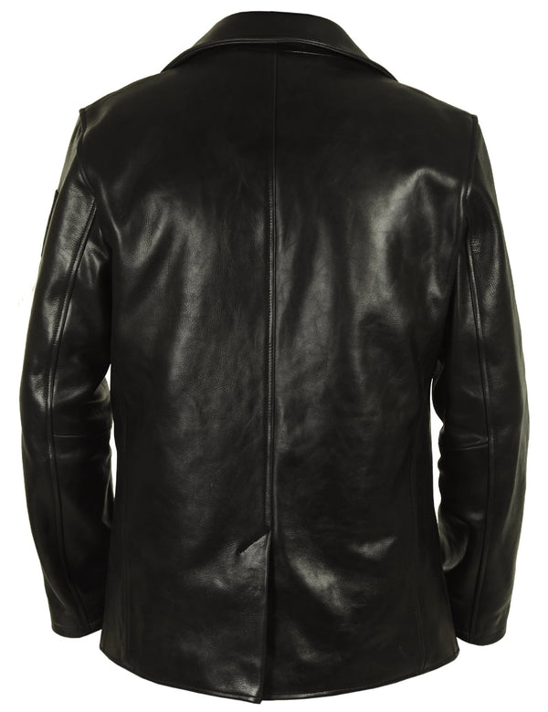 Men's black leather pea coat, back view.