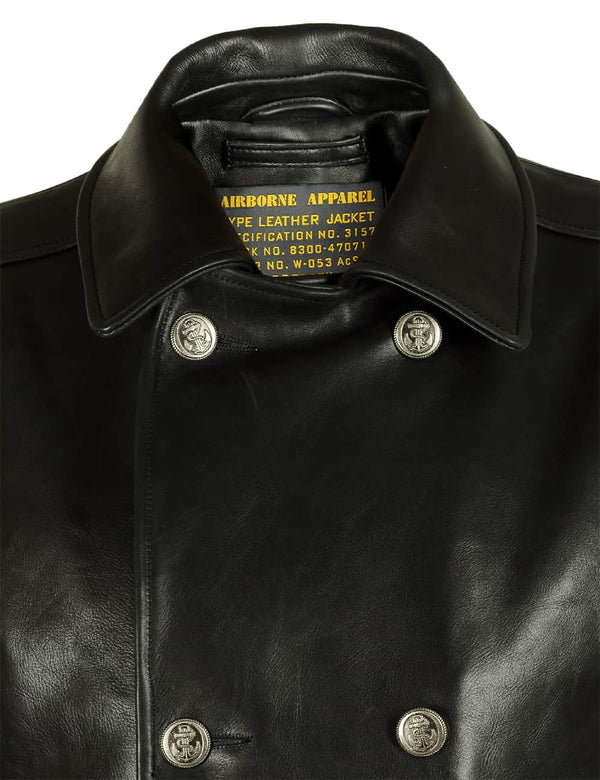 Collar of a men's black leather pea coat.