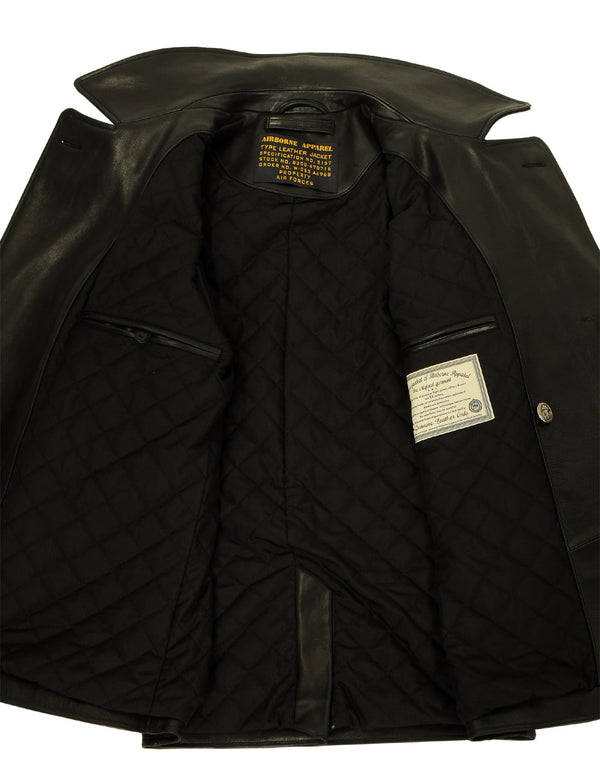 Men's black leather pea coat, unbuttoned, showing the lining and inner pockets.