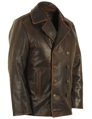 Men's brown leather pea coat.