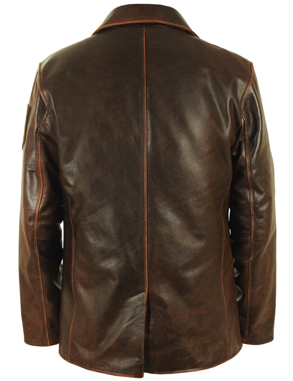 Men's brown leather pea coat, back view.
